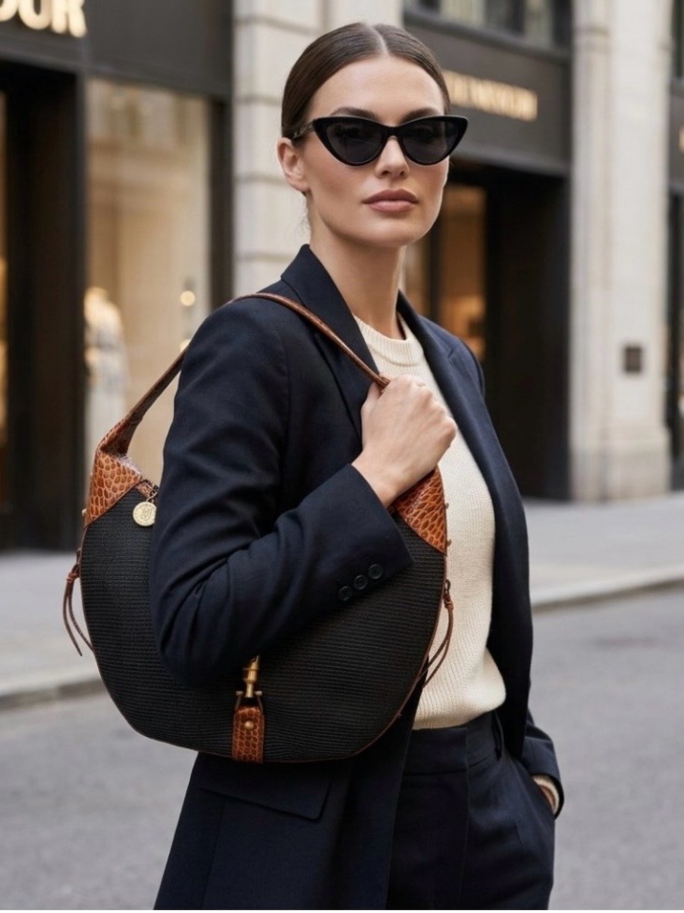 Eric Javits New York Woven Squishee Hobo Bag Black with Cognac Croc Leather Trim